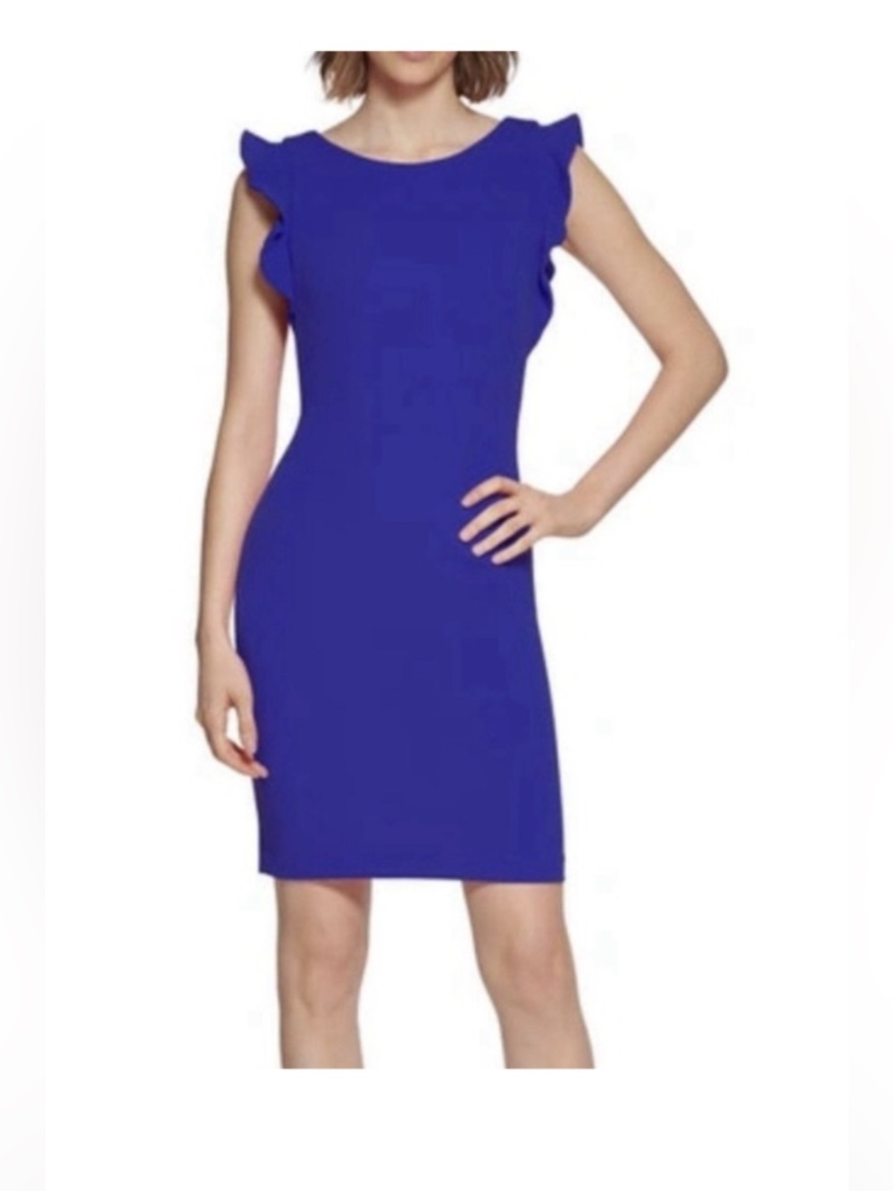 Calvin Klein as 4 Sleek Cobalt Royal Blue Ruffle Shoulder Sheath Dress fitted